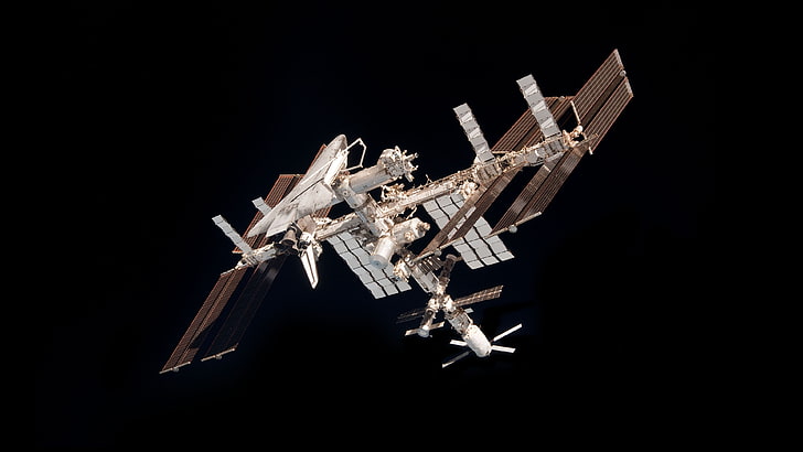 szaro-biała ilustracja stacji kosmicznej, ISS, Międzynarodowa Stacja Kosmiczna, przestrzeń, minimalizm, Tapety HD