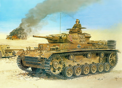 braune Kampfpanzer Illustration, das Wrack, Wüste, Figur, Panzer, Waffe, die Deutschen, Die Wehrmacht, Panzerkampfwagen III, Pz Kpfw III, HD-Hintergrundbild HD wallpaper
