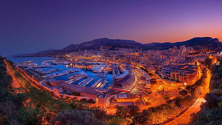 モンテカルロ、街の明かり、都市の景観、ヨーロッパ、湾、風景、見事な、モンテカルロ、モナコ、夜、近く、スカイライン、 HDデスクトップの壁紙