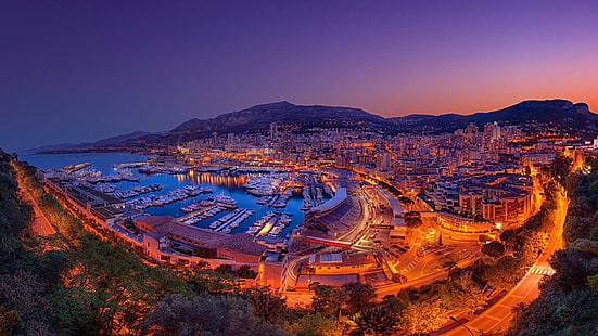 Монте-Карло, огни города, городской пейзаж, Европа, залив, декорации, потрясающие, Монте-Карло, Монако, вечер, почти, горизонт, HD обои HD wallpaper