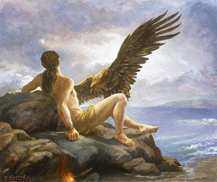 pintura, Prometeu (mitologia), águia, fogo, praia, pássaros, deuses, mitologia, HD papel de parede