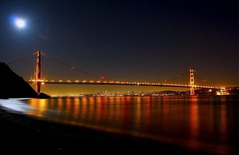 Pemandangan jembatan Golden Gate Bridge, san francisco, san francisco, Bulan, San Francisco Golden Gate, jembatan Golden Gate, pemandangan, pemandangan, Teluk San Francisco, pemandangan kota, kirby, teluk, Hella, va, jalan, warna-warni, samudra pasifik, bulan purnama, Bay bridge, paparan panjang, fotografi malam, akhir pekan, liburan, perjalanan, pink, favorit, eos, creativecommons, creative commons, beautiful, clear, bridge - Struktur Buatan Manusia, Tempat terkenal, malam, arsitektur, jembatan gantung, uSA, senja, matahari terbenam, kaki langit kota, laut, pemandangan kota, Wallpaper HD HD wallpaper