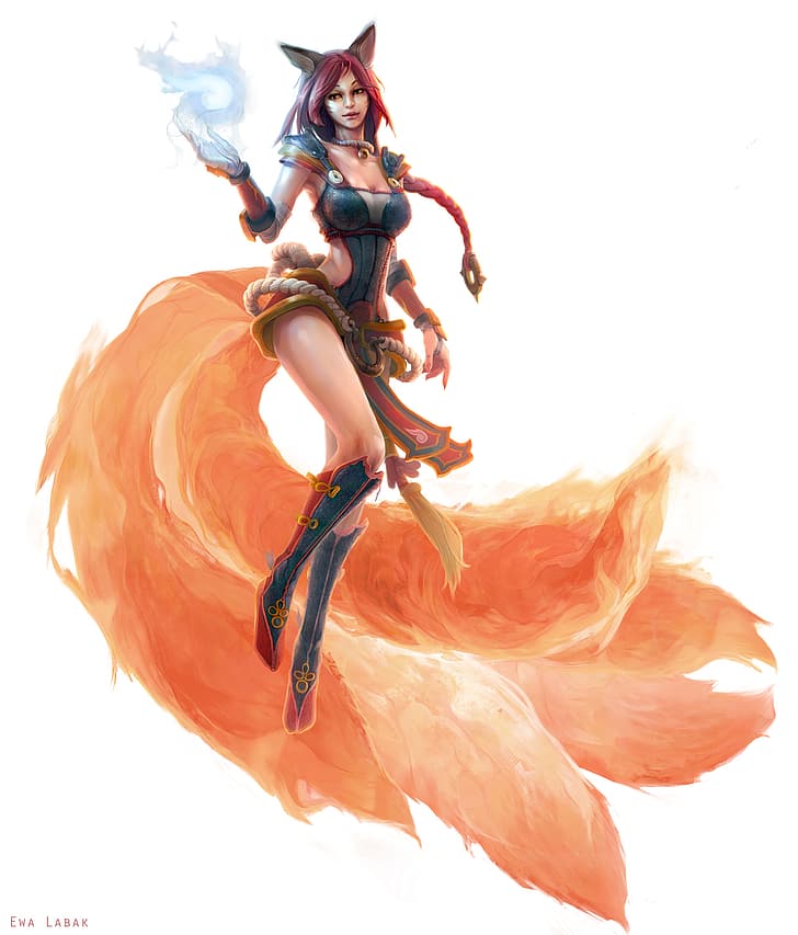 Ewa Labak, drawing, League of Legends, Ahri (League of Legends), women, fox girl, nine tails, ropes, dress, spell, floating, black clothing, simple background, white background, HD wallpaper