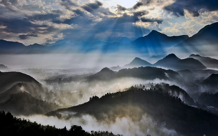 solstrålar, dimma, dal, Taiwan, berg, moln, natur, landskap, HD tapet