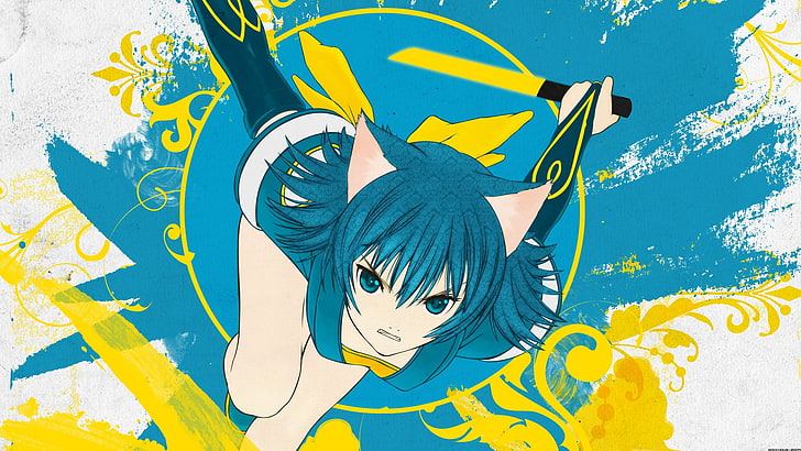 girl with blue hair and blue dress digital wallpaper, cat girl, Tony Taka, nekomimi, HD wallpaper