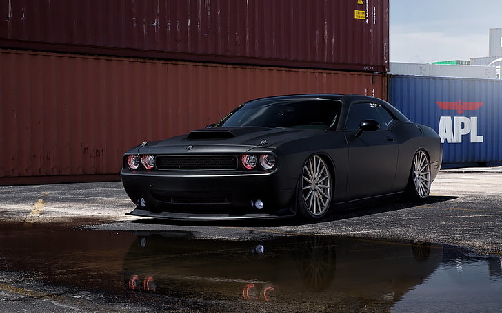 black Dodge Challenger, mobil, hitam, Matt, penantang dodge, tuning, muscle car, srt8, Wallpaper HD