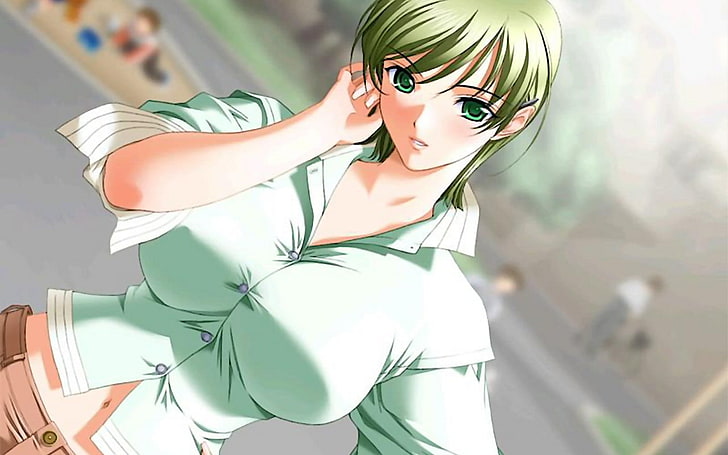 karakter anime wanita memegang ilustrasi lehernya, hentai, anime, big boobs, gadis anime, Wallpaper HD