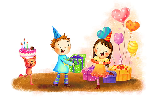 children's party with cake illustration, birthday, gifts, cake, HD wallpaper HD wallpaper