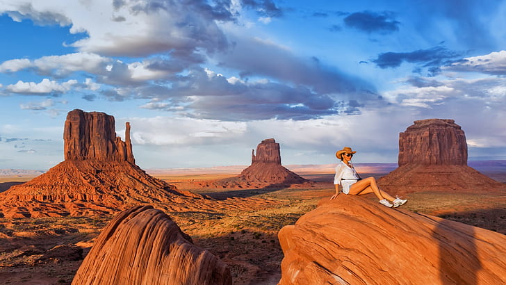 Monument Valley, Desert, Landscape, Woman, Cowboy Hats, Sunglasses, Nature, monument valley, desert, landscape, woman, cowboy hats, sunglasses, nature, HD wallpaper