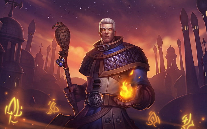 karakter laki-laki mengenakan wallpaper digital ungu dan coklat armor, hearthstone, khadgar, mage, Wallpaper HD