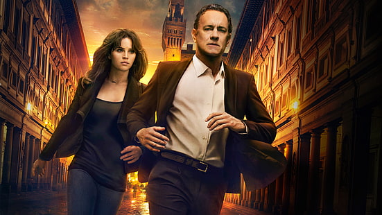 homme en costume noir avec une femme en blazer noir avec un jean en denim bleu courant entre des bâtiments en béton gris, Inferno, Tom Hanks, Felicity Jones, 5K, Fond d'écran HD HD wallpaper