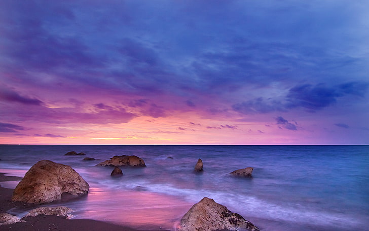 Océano puesta de sol horizonte rocoso paisaje, Fondo de pantalla HD