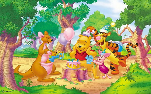 Winnie the Pooh Cartoon Birthday Cake Празнуване на рожден ден с приятели Широкоекранен Безплатно изтегляне 1920 × 1200, HD тапет HD wallpaper
