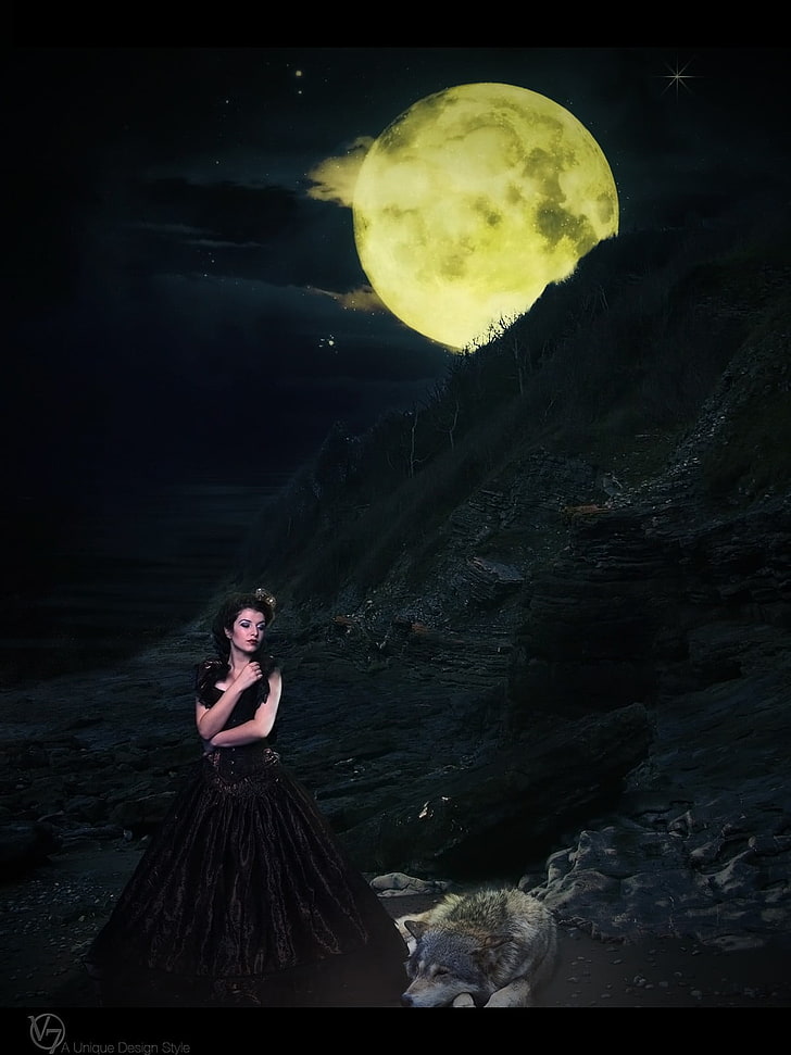 Frau im schwarzen ärmellosen Kleid, dunkel, Mondlicht, gelb, Wolf, Frauen, Fotomanipulation, Photoshop, Fantasiemädchen, Fantasiekunst, HD-Hintergrundbild, Handy-Hintergrundbild