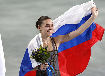 ความสุข, ดอกไม้, ช่อดอกไม้, ธง, สเก็ตลีลา, รัสเซีย, โซชิ 2014, การแข่งขันกีฬาโอลิมปิกฤดูหนาวครั้งที่ XXII, นักเล่นสเก็ต, แชมป์, กีฬาโอลิมปิกฤดูหนาวปี 2014 ที่โซชี, Adelina Sotnikova, โอลิมปิก, วอลล์เปเปอร์ HD HD wallpaper