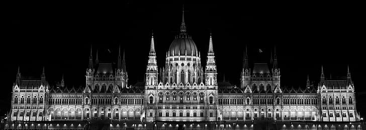 Budapest, European Union, palace, Hungarian Parliament Building, Hungary, monochrome, HD wallpaper