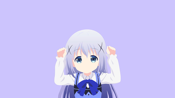 Kafuu Chino, blaues Kleid, Anime, Animemädchen, blaue Augen, weiße Kleidung, blaue Bänder, loli, weiße Haut, weißes Haar, Minimalismus, einfacher Hintergrund, Vektorkunst, HD-Hintergrundbild