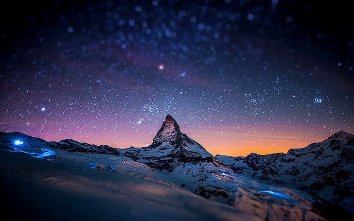 sky, starry night, Matterhorn, bokeh, Swiss Alps, Switzerland, stars, nature, mountains, horizon, night, snowy peak, landscape, tilt shift, Zermatt, space, snow, sunset, sunrise, lights, rock, blurred, nebula, winter, HD wallpaper