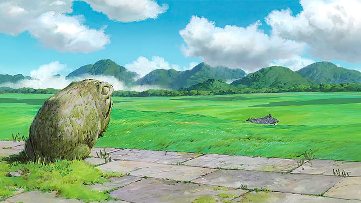 Spirited Away, animated movies, anime, animation, film stills, Studio Ghibli, Hayao Miyazaki, clouds, sky, grass, field, mountains, statue, HD wallpaper