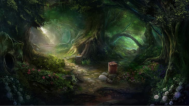 flowers, green grass, boxes, path, clearance, fantasy art, clearing, magic forest, старые деревья, old trees, HD wallpaper