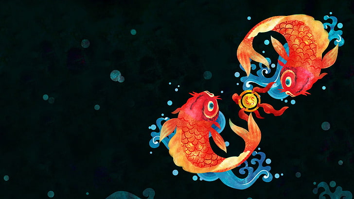 two orange fish, simple, simple background, fish, digital art, goldfish, bubbles, Chinese, circle, HD wallpaper
