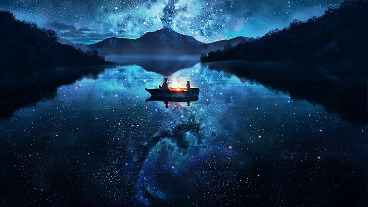 два человека на лодке, плавающей на водной поверхности иллюстрации, лампа, звезды, озеро, ночь, горы, лес, отражение, синий, синий дым, пространство, Млечный путь, темный, HD обои
