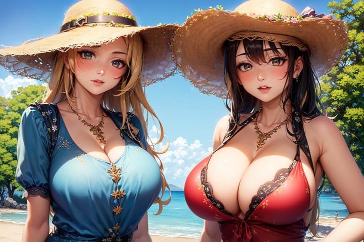 anime girls, summer, AI art, HD wallpaper