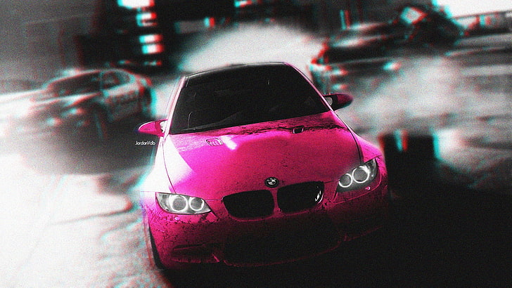 pink and black Oakley sunglasses, car, pink, Need for Speed, artwork, Photoshop, selective coloring, video games, BMW M3 , police, HD wallpaper