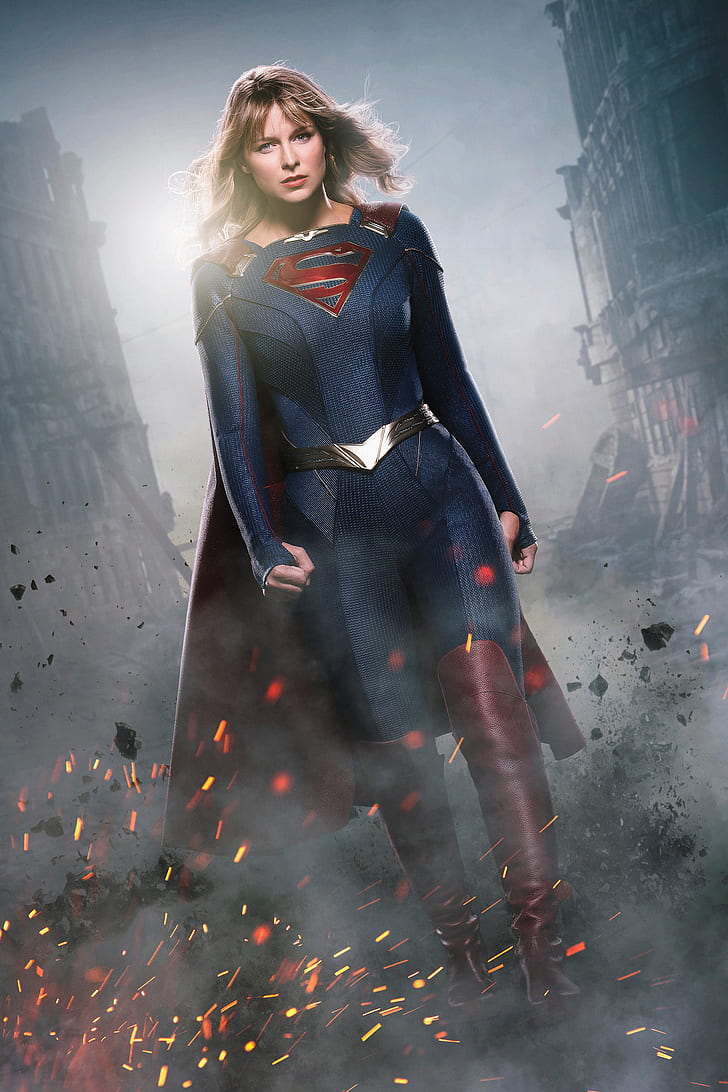 Melissa Benoist, Supergirl, DC Comics, walking, actress, blonde, standing, blue eyes, street, knee-high boots, cape, HD wallpaper