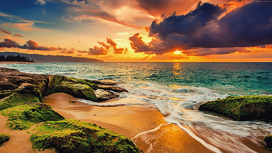 Landschaft, Natur, Wolken, Himmel, Sonnenuntergang, Panoramen, Sonnenlicht, Strand, Langzeitbelichtung, Meer, HD-Hintergrundbild HD wallpaper