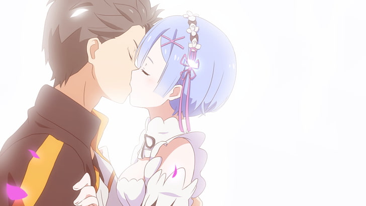 purple haired anime girl and black haired anime boy kissing illustration, Anime, Re:ZERO -Starting Life in Another World-, Kiss, Re:Zero, Rem (Re:ZERO), Subaru Natsuki, HD wallpaper