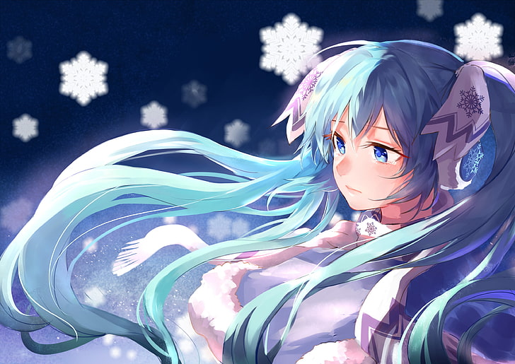 Hatsune Miku, ที่ปิดหูกันหนาว, หิมะ, Vocaloid, twintails, Anime, วอลล์เปเปอร์ HD