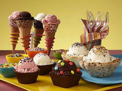 banyak es krim, es krim, porsi, makanan penutup, manis, allsort, hiburan, Wallpaper HD HD wallpaper