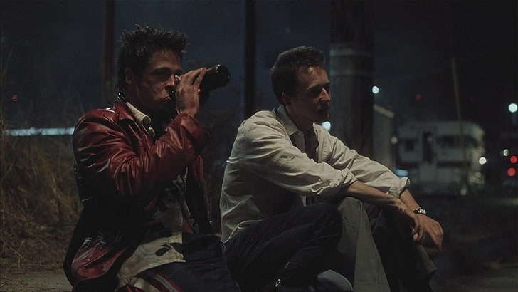 kemeja lengan panjang merah dan putih dua pria, Film, Fight Club, Brad Pitt, Edward Norton, Wallpaper HD