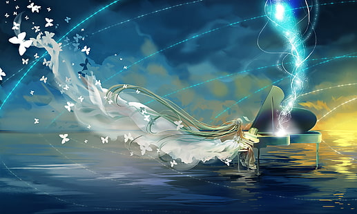 Mädchen spielt Klavier Illustration, Vocaloid, Hatsune Miku, Klavier, Himmel, Schmetterling, HD-Hintergrundbild HD wallpaper