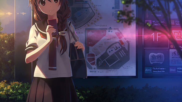 personnage d'anime féminin aux cheveux bruns portant l'uniforme scolaire, filles anime, uniforme scolaire, personnages originaux, Yuuki Tatsuya, téléphone portable, tresses, Fond d'écran HD