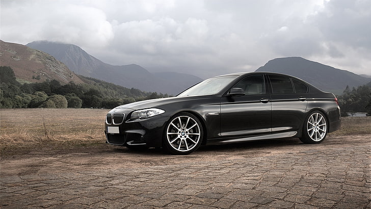 черен BMW седан, bmw, 5, черен, страничен изглед, f10, HD тапет