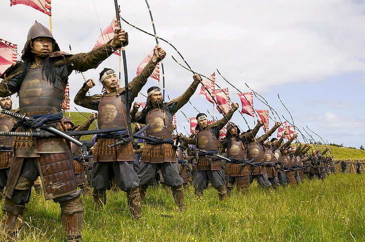 Gruppe der Armee hält Bögen, Schlacht, Drama, Samurai, Bogenschützen, The Last Samurai, HD-Hintergrundbild