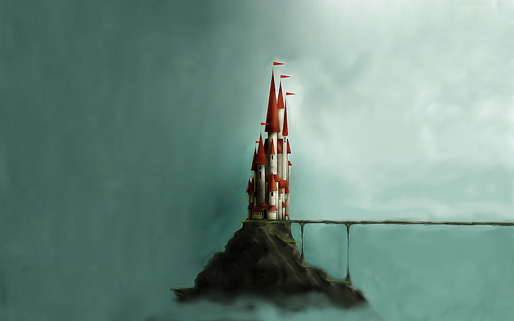 kastil di lukisan gunung, kastil, seni digital, pegunungan, minimalis, jembatan, awan, Wallpaper HD
