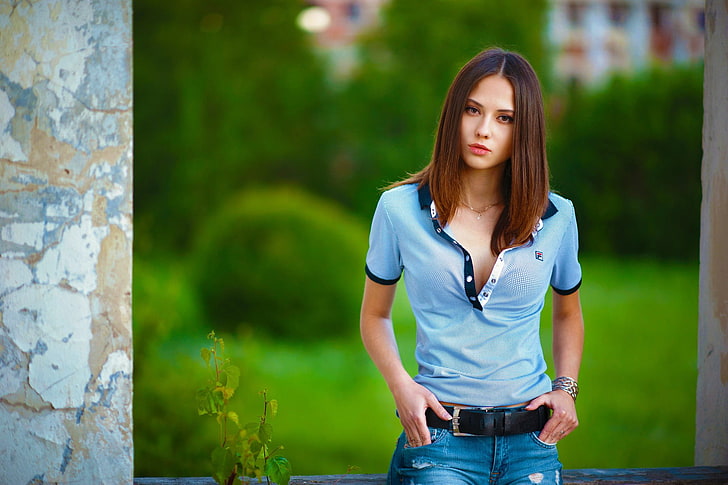 женская синяя рубашка поло, Екатерина Тимохина, женщины, модель, HD обои
