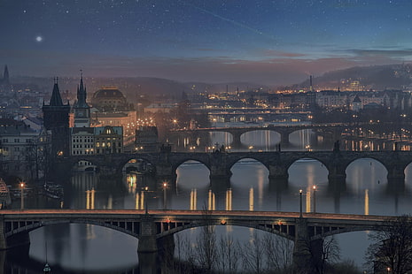 gri beton köprüler, şehir, Prag, Çek Cumhuriyeti, Charles Köprüsü, HD masaüstü duvar kağıdı HD wallpaper