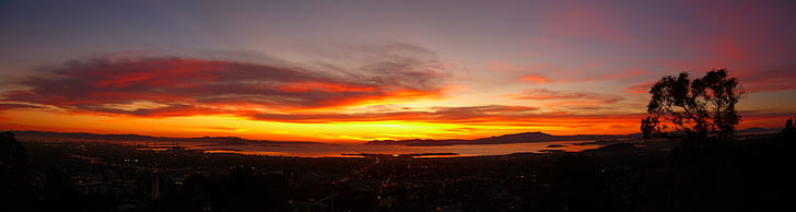 sunset, landscape, wide angle, multiple display, San Francisco, orange sky, skyscape, HD wallpaper