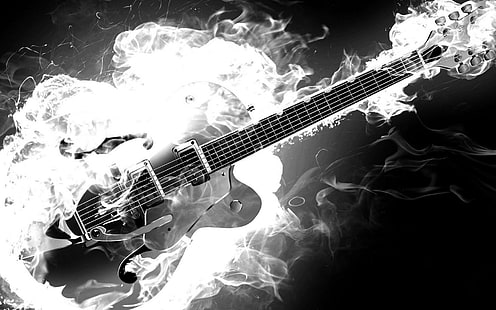 Palenie Gitara, dym, gitara, czarno-białe, muzyka, ogień, 3d i abstrakcyjne, Tapety HD HD wallpaper