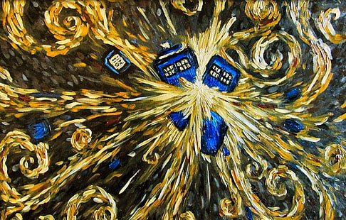 абстрактна живопис в кафяво и черно, Doctor Who, TARDIS, живопис, Vincent van Gogh, HD тапет HD wallpaper
