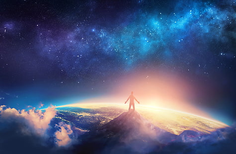 ผู้ชาย, ยืน, บนภูเขา, อวกาศ, ยอดเขา, 4K, วอลล์เปเปอร์ HD HD wallpaper