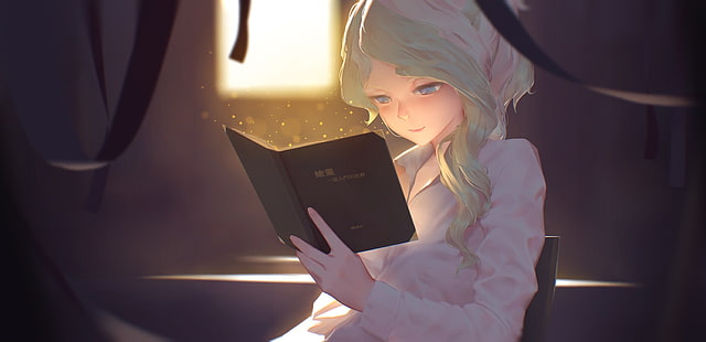 Little Witch Academia, Cavendish Diana, anime dziewczyny, blondynka, niebieskie oczy, książki, czytanie, anime, Tapety HD HD wallpaper