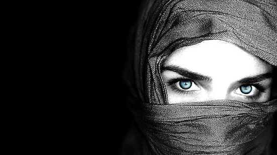 лицо, выборочная окраска, голубые глаза, черный, портрет, женщины, модель, HD обои HD wallpaper