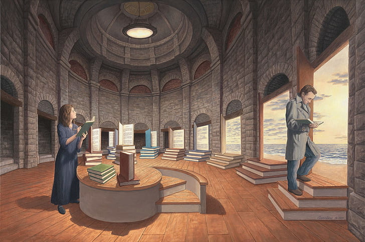 men women digital art optical illusion drawing artwork books reading dome stairs clouds interiors arch sea shadow, HD wallpaper