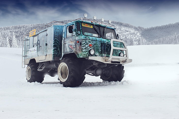 blue and black snow truck, gaz 66, off road, tuning, airbrush, HD wallpaper