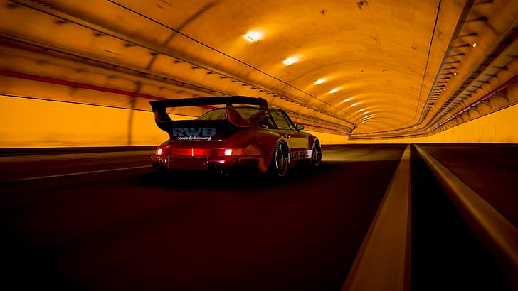 Porsche, Porsche 964, RWB, Porsche 911 RWB, Rauh Welt, Forza Horizon 5, geniş gövde, kırmızı, tünel, gece, HD masaüstü duvar kağıdı